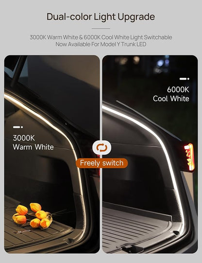 TPARTS Trunk LED Light Strip for Tesla Model Y (Including New Model Y Juniper 2025-2026), Silicone Waterproof Intelligent Dual-Color Switchable Interior Lighting Warm & Cool White (3000K&6000K)