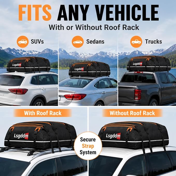 Car Roof Cargo Carrier 15/21 Cubic Feet – Extra Storage for Travel, Waterproof Rooftop Bag, Fits All Vehicles with or Without Roof Rack (15 Cu Ft)