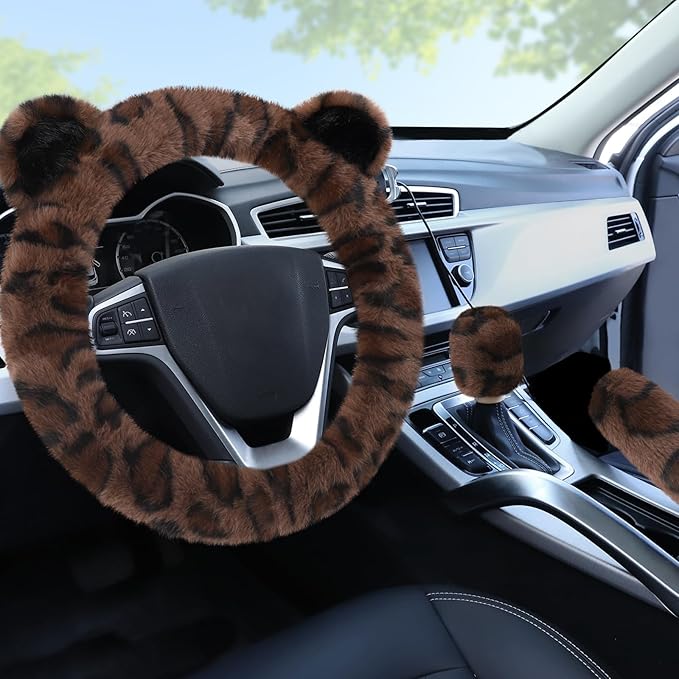 Accmor Fuzzy Car Steering Wheel Cover, Warm Fluffy Leopard Steering Wheel Cover with Cute Ears, Soft Plush Furry Car Accessories Decor for Women, Non-Slip Universal 15 inch Fit Vehicle, Truck, SUVs