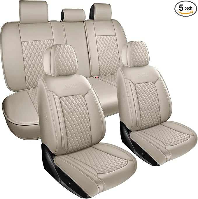 Beige Leather Car Seat Covers Full Set,High-Density Contoured Nappa Leather Universal Precision Fit Automotive Seat Covers,Waterproof Car Seat Protector,forros para asientos de carro,Style1 Beige