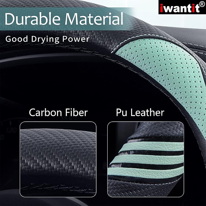 Iwantit® Steering Wheel Cover with Carbon Fiber and Anti-Slip Rubber Ring,Universal Fit 14.5-15 inches for Cars,SUV (Fruit Green)