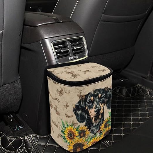 Talayituse Dachshund Sunflower Butterfly Print Car Trash Can with Lid, Leak Proof Auto Trash Bag Hanging Vehicle Garbage Can Multipurpose Storage Container for Back Seat Road Trip
