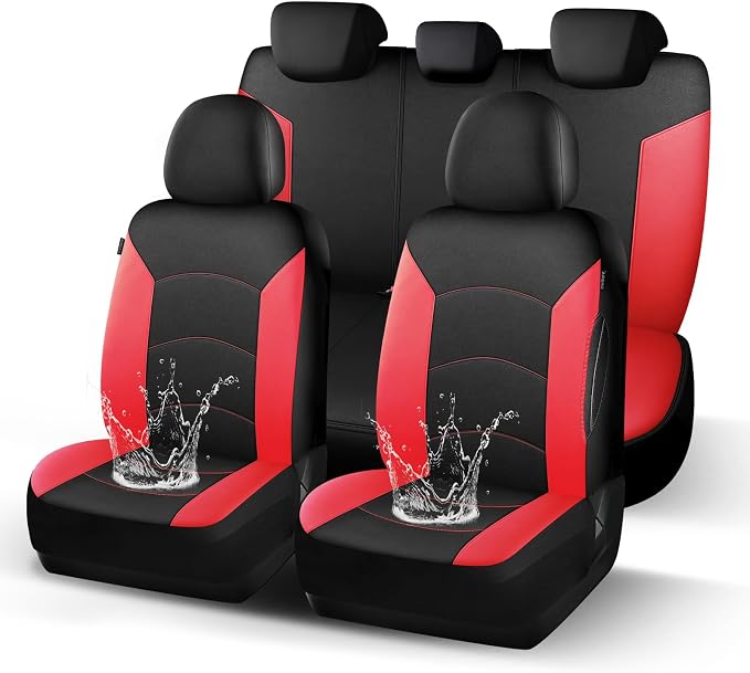 HChengkikz Car Seat Covers Full Set, Waterproof Neoprene Car Seat Covers, Airbag Compatible, Universal Automotive Seat Covers for Most Cars, SUVs, Trucks (Black + Red)