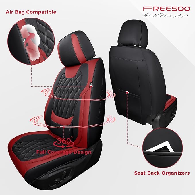 FREESOO Front Seat Covers for Cars - Ultra Breathable Waterproof Faux Leather Car Seat Cover Protectors with Lumbar Support, Universal Fit for Most 5 Seats Vehicles Sedans Hatchbacks Pickup, Black Red
