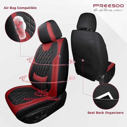 FREESOO Front Seat Covers for Cars - Ultra Breathable Waterproof Faux Leather Car Seat Cover Protectors with Lumbar Support, Universal Fit for Most 5 Seats Vehicles Sedans Hatchbacks Pickup, Black Red