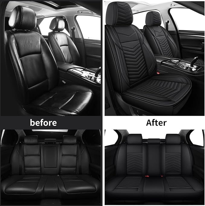 HChengkikz Nappa Leather Car Seat Covers Full Set, Black Car seat Protector 5 Seats, Waterproof Car Seat Cushion, Universal Automotive Seat Covers Fit for SUV Truck Pick-up Sedan, Front and Rear