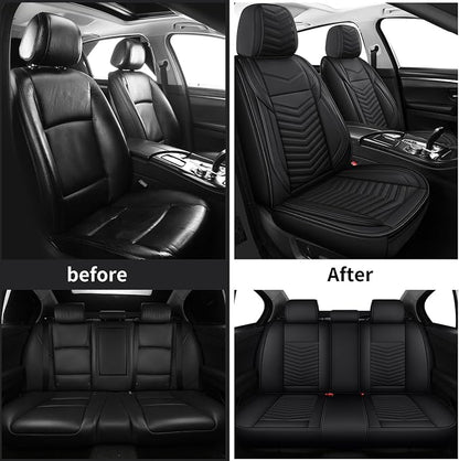 HChengkikz Nappa Leather Car Seat Covers Full Set, Black Car seat Protector 5 Seats, Waterproof Car Seat Cushion, Universal Automotive Seat Covers Fit for SUV Truck Pick-up Sedan, Front and Rear