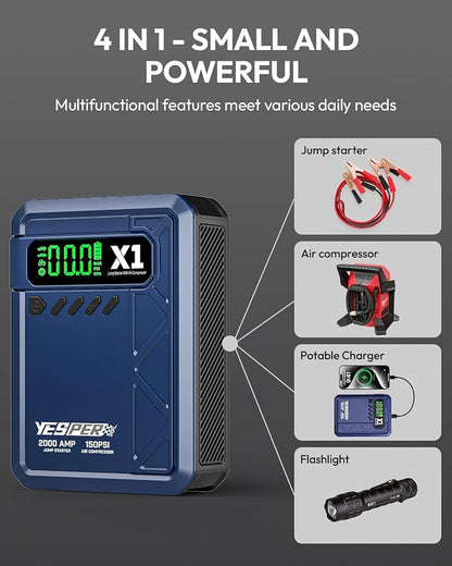 YESPER Jump Starter with Air Compressor 2000A 150PSI Battery Jumper Starter Portable(8L Gas/6L Diesel), 12V Car Jump Pack Battery Charger Jump Box with Jumper Cables, LCD Display, Lights(Blue)