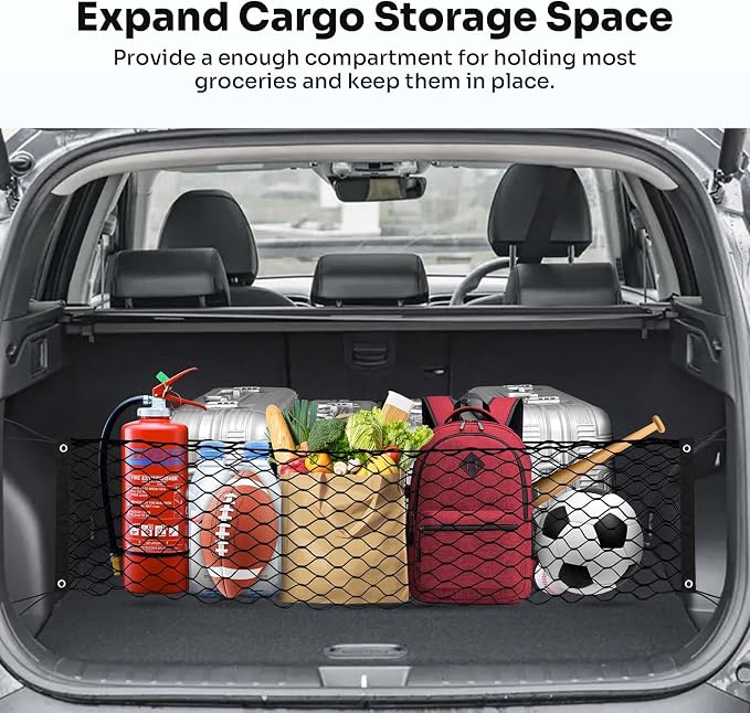 Canvcle Trunk Cargo Net for 2022-2025 2026 Hyundai Tucson Accessories Envelope Style Mesh Trunk Net Organizer and Storage Stretchable Adjustable Elastic Nylon Rear Cargo Netting with Hooks