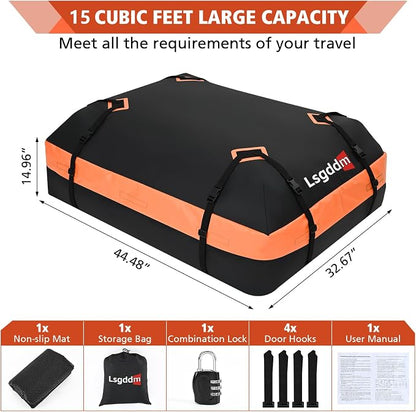 Roof Bag, Waterproof Soft Car Top Carrier Without Rack, 15 Cubic Feet Cargo Carrier for Top of All Vehicles with/Without Rack, Includes Anti-Slip Mat, 4 Door Hooks, Luggage Lock, Storage Bag