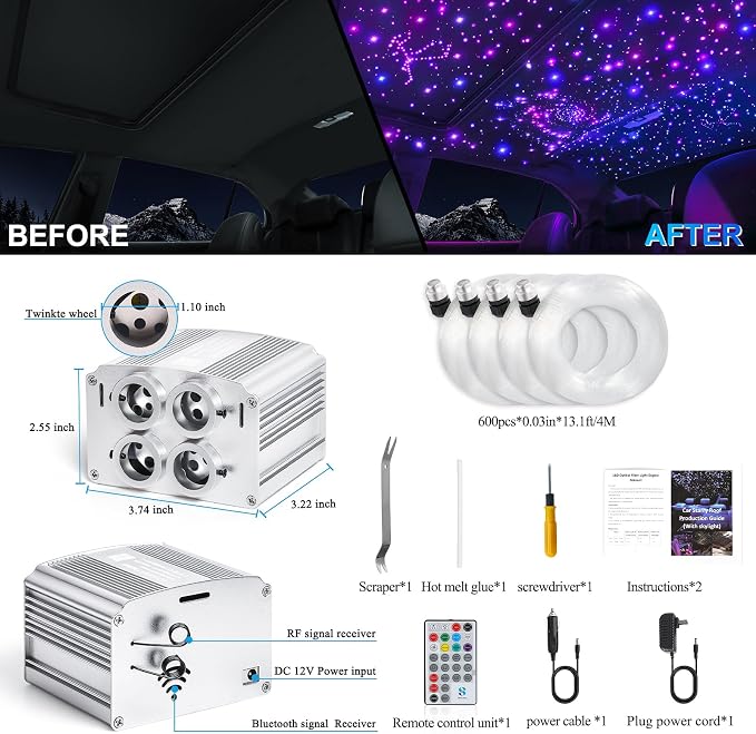 4 Colors 32W Twinkle Car Starlight Headliner Kit 600pcs*0.03in*13.1ft with APP&RF Remote, RGBW Fiber Optic Strands Star Roof Lights,4 Port Engine Sound Activated Ceiling Star Lights for Home/Car Decor
