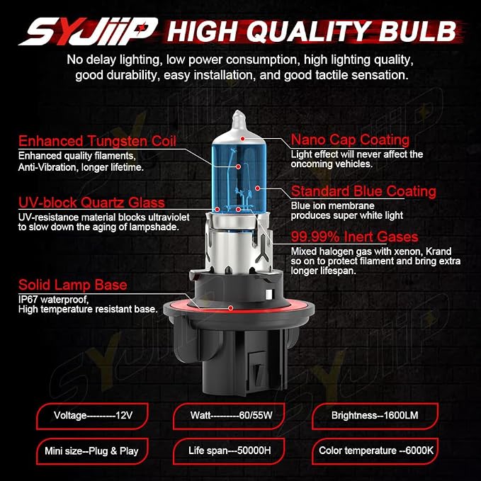 Upgraded Halogen Headlight Bulbs for Jeep Wrangler JK JL 2010 2011 2012 2013 2014 2015 2016 2017 2018 2019 2020 2021 2022, High Low Beams and Fog Lights Combo , 6000k White, 300% Brightness, 4 PCS
