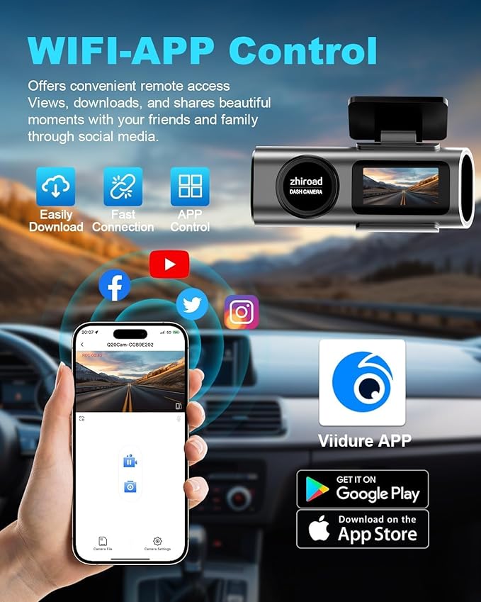 4K Dash Cam Front and Rear, Built-in WiFi, 170° Wide Angle, Night Vision, 24H Parking Monitor, G-Sensor, WDR, 1.47” IPS Screen, with 64GB SD Card (Supports 256GB Max) - Car Dash Camera with App
