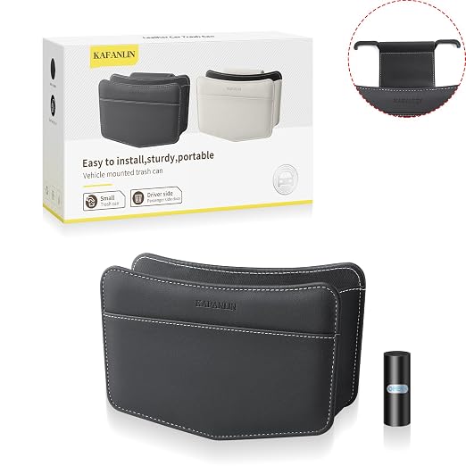Car Trash Can Small Leather Vehicle Trash Bin Car Dustbin Garbage Organizer Holder with Trash Bag Foldable Mini Cars Storage Bag Container for Auto SUV Van Trucks (Black,Hanging Hook)