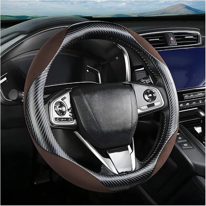 Steering Wheel Cover for Women and Men, Carbon Fiber Plush Steering Wheel Cover Soft Anti-Slip Comforting, Universal 15 Inches Steering Wheels Accessories (Carbon Fiber Black/Coffee)