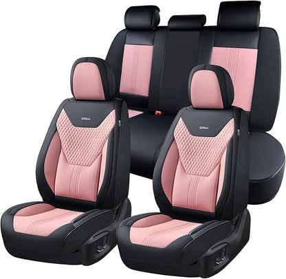 Coverado Car Seat Covers Full Set, Front Seat Covers with Lumbar Support and Back Seat Cover Waterproof Leather Automotive Seat Cover, Universal Car Interior Protectors Cushion for Most Cars