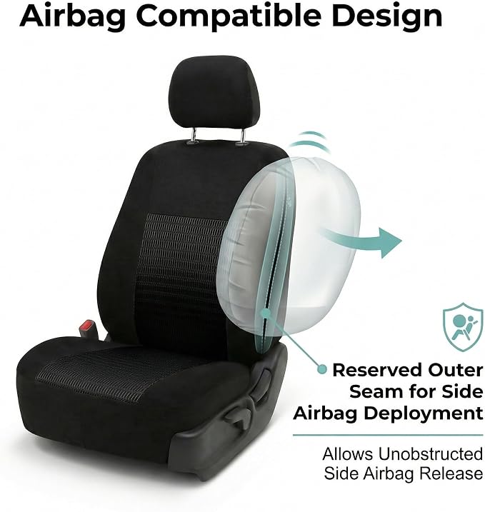 FH Group Universal Car Seat Covers Front Set for SUV Truck Sedan Vans | 3D Textured Breathable Fabric Seat Cover Set Protector with Airbag Compatible Interior Upgrade - Black