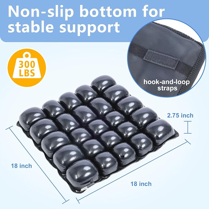 Inflatable Pressure Relief Air Cell Cushion for Wheelchair & Mobility Scooter, Breathable Cooling Seat Cushion for Pain & Sores Relief, Long Sitting, Airplane & Office Use (18" x 18")