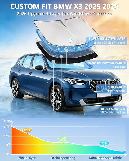 for BMW X3 2025 2026 Windshield Sun Shade - 4 Layers Car Sunshades for Front Windows Shade Cover Custom Fit X3 Base xDrive35i xDrive28i M Sport 250T Retractable Shade Blocks UV Rays Car Accessories