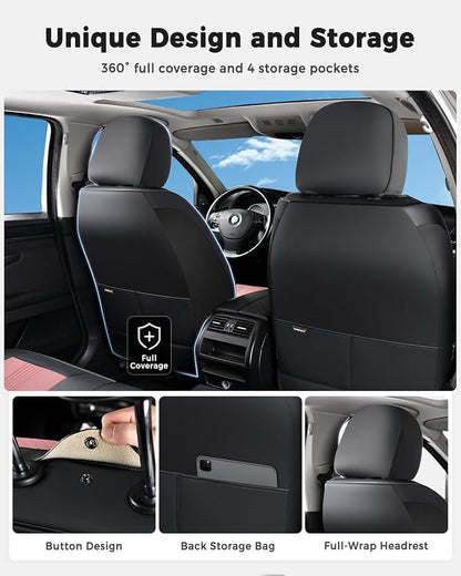 Huidasource Front Seat Covers, Universal Fit for Most Cars SUV Trucks, Full Coverage Nappa Leather Seat Cover, Airbag, Velcro Adjustable, Seat Function Retain, Black&Pink