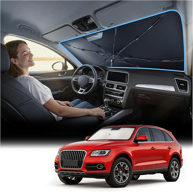 Nmoiss Windshield Sun Shade Umbrella Fit for Audi Q5 2009-2026 Accessories, [Vinyl Coating Heat Shield] Protect Car from Sun Rays & Heat Damage Keep Cool and Protect Interior