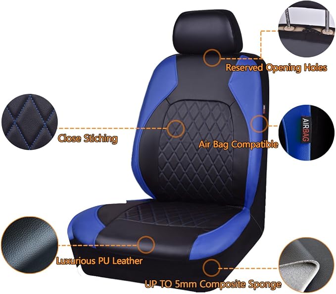 Universal Deluxe Pu Luxury Vinyl Faux Leather Car Seat Covers Full Set, Airbag Compatible, Breathable, Fit for Cars, Trucks, SUV (Black and Blue)