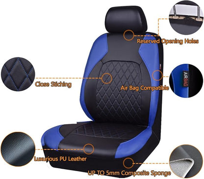 Universal Deluxe Pu Luxury Vinyl Faux Leather Car Seat Covers Full Set, Airbag Compatible, Breathable, Fit for Cars, Trucks, SUV (Black and Blue)