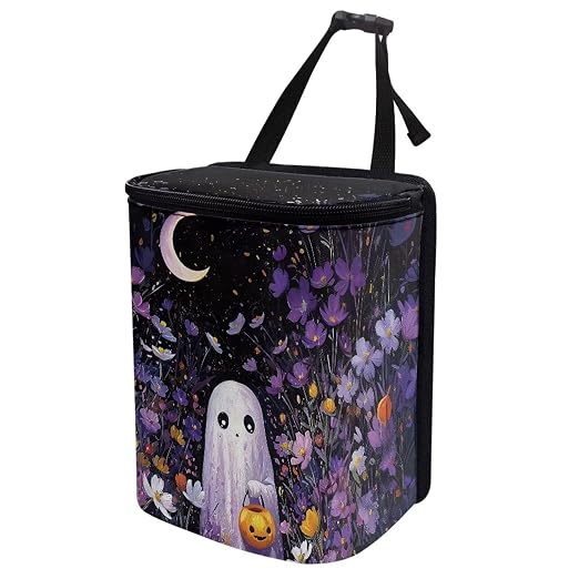 Ghost Daisy Flower Moon Pattern Car Trash Can Leakproof Garbage Bag with Lid and Zipper 1.2Gal Trash Bin Hanging for Back Seat Halloween Car Accessories Universal Fit