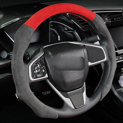 Quick Install Sporty Suede Steering Wheel Cover + Red Top for Tesla Model 3 Y Corolla RAV4 Camry Civic Accord CR-V fit 14 ½ to 15 inches Car SUV Pickup 14.5