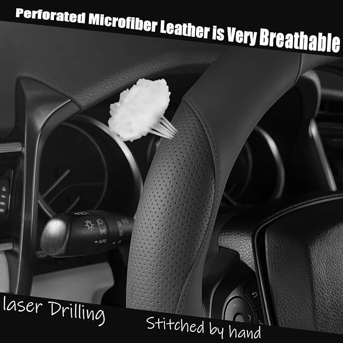 Steering Wheel Cover Universal Standard Size 14.5-15 inch, Non-Folding Packaging, Microfiber Leather, Anti-Slip, Soft Grip, Sporty Design, Fits for Cars SUVs Trucks, Black