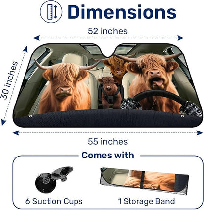 GENANY Cute Highland Cow Windshield Sun Shade for Car SUV Truck (55x30 Inches), Funny Sun Shade Windshield, Protector Blocks UV, Spring Car Decor