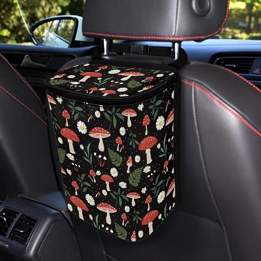 Car Trash Can with Lid and Zipper Boho Cottagecore Mushroom Ferns Print Leakproof Garbage Bag Hanging Back of Seat Auto Interior Accessories Portable Trash Bin Organizer and Storage Bag