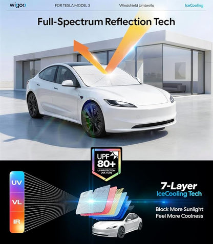 Wigoo Windshield Sun Shade Umbrella for Tesla Model 3 [100% Sun Blockage, Ice Cooling Fabric] Reflective Heat Insulation, Foldable Front Window Sunshade Umbrella for Tesla Model 3 2017–2026
