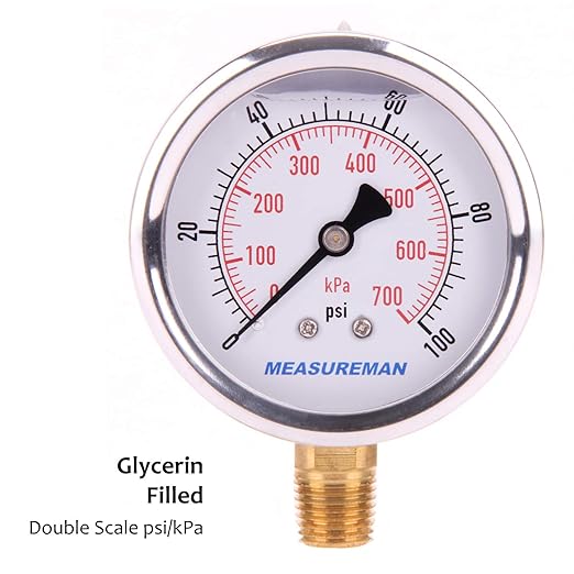 MEASUREMAN Pressure Gauge 1/4 NPT, 0-100psi/kPa Glycerin Filled Pressure Gauge with 2.5 Inch Dial Size and 304 Stainless Steel Case (0-100 psi, Lower Mount)