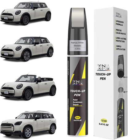 XNA Nanuq White Metallic(C6A) for MINI Touch Up Paint, 2 in 1 Car Scratch Remover with Pen Tip and Brush, Exact Color-Matched for Car Paint Scratch Repair, Quick & Easy Fix Chips and Nicks