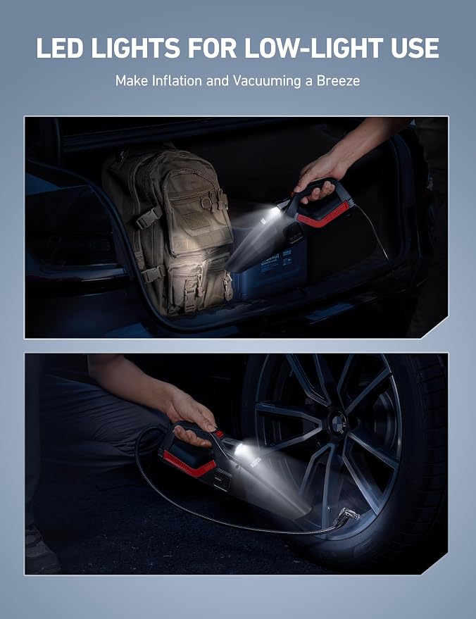 AstroAI 4-in-1 V3 12V DC High Power Handheld Car Vacuum Cleaner for Car,Home,Pet Hair Cleaning, 150 PSI 16.4FT Cord Digital Pressure Gauge & LED Light Portable Tire Inflator for Cars,Bikes,SUVs,Balls