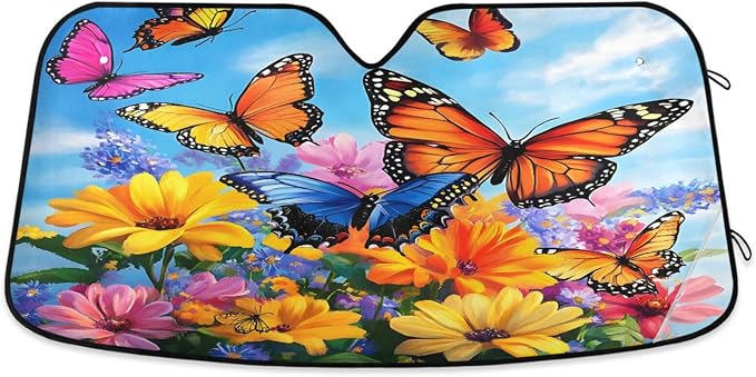 Cars Front Sun Shade Windshield,Foldable Reflective Sun Visor Colorful Flower Butterfly Windshield Sunshade Cover,Blocks UV Ray Sun Protect Interior Keep Cool,53" x 23.5 "