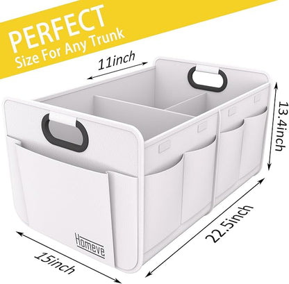 Homeve Car Trunk Organizer for SUV, 18.5Gal Large Capacity No-Sag Heavy Duty, Foldable Waterproof Anti-Slip Storage with 12 Pockets, Fit Sedan, Truck, Universal Car Accessories, White, 2 Compart,Large
