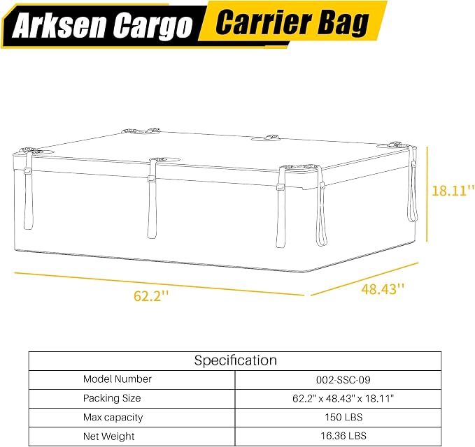 ARKSEN Rooftop Cargo Carrier Bag Extra-Wide 31.5 Cubic Feet Waterproof Heavy Duty Car Roof Rack Bag for Full-Size Cars with 10 Reinforced Straps, 6 Door Hook Straps & Anti-Slip Mat