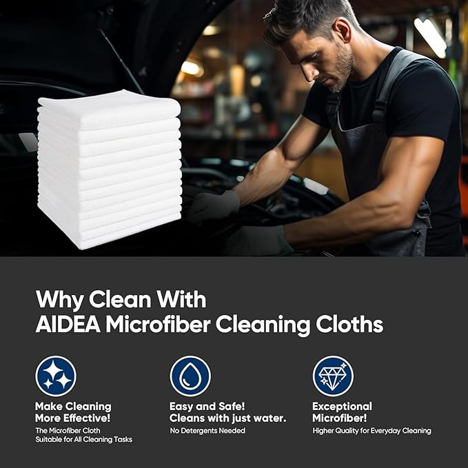 AIDEA Microfiber Cleaning Cloth White-100PK, Absorbent Cleaning Rags, Commercial Shop Rags Lint-Free, Scratch-Free, White Microfiber Towels for Cars, Kitchen Towels White 12in x 12in