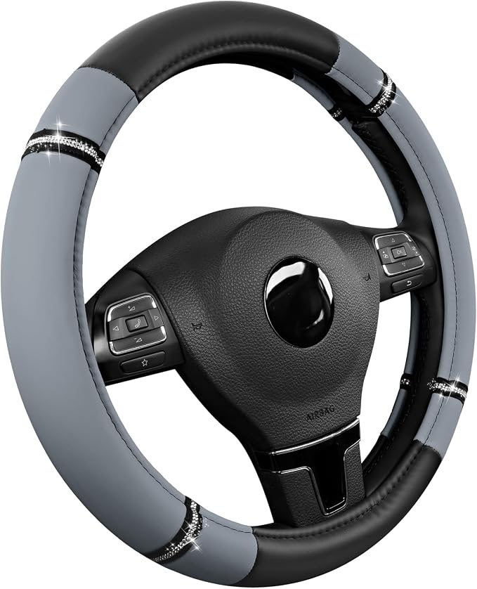 Road Comfort Leather Steering Wheel Cover – Premium Anti-Slip Car Steering Wheel Grip Cover – Universal Fit for 14.5”–15” Cars, Trucks & SUVs - Gray