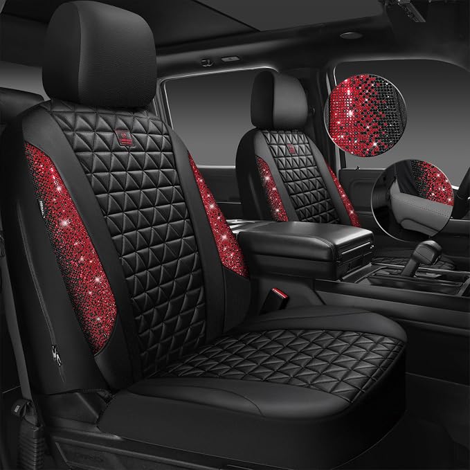 CAR PASS Bling Diamond Black Leather Car Seat Covers for 2 Front Interior Sets, Waterproof Shining Glitter Sparkly Crystal Universal Armrest Fit Automotive Truck SUV Cute Women Girl, Red Rhinestone