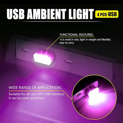 4 PCS USB LED Car Interior Atmosphere Lamp, Portable Mini Auto LED Decor Night Light, Plug-in USB Interface Ambient Lighting Kit, Universal Car Interior Accessories(Purple)
