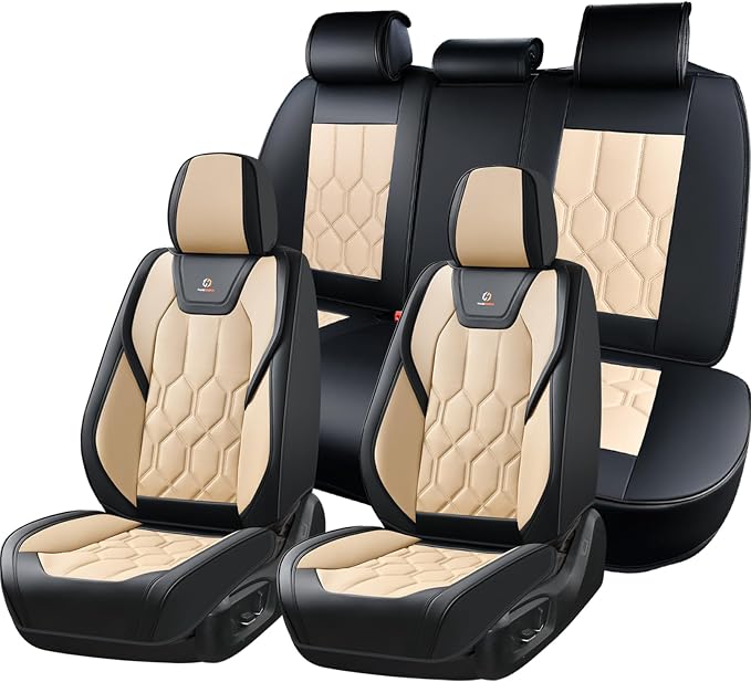 Huidasource Seat Covers Full Set, Universal Fit for Most Cars SUV Trucks, Full Coverage Leather Seat Cover, Airbag, Cupholder Compatible, Seat Function Retain, Easy Install with Velcro, Black & Beige