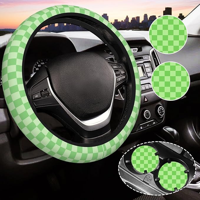 Light Green Steering Wheel Cover for Women,Universal Auto Steering Wheel 14-15 Inch Car Interior Accessories with 2PCS Car Coasters,Suitable for Men and Women