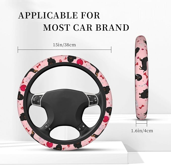 Car Steering Wheel Cover with Anti-Slip Lining, Universal 15 inch Wheel Cover, Fashion Car Interior Accessories for Women Men - Cute Pink Dachshund