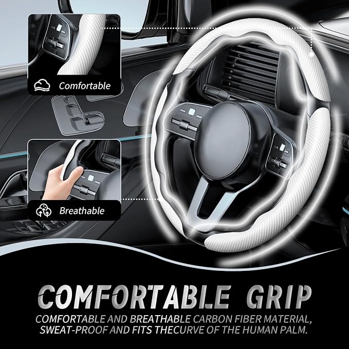 WOCOCN 3pcs Car Steering Wheel Cover,Anti-Skid Carbon Fiber Steering Wheel Protector for Men Women,Multiple Color Options,Universal for Most Car Interiors Accessories (White 3PCS)