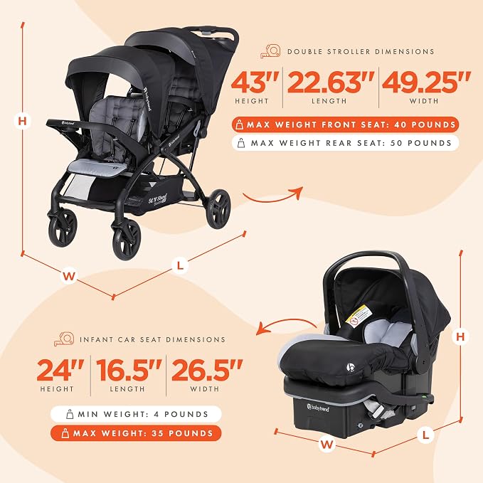 Baby Trend Double Stroller with 2 EZ-Lift Plus Infant Car Seats, Sit N' Stand, Stormy - Portable and Lightweight Stroller Duo and Car Seat Travel System Tandem
