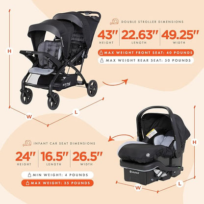 Baby Trend Double Stroller with 2 EZ-Lift Plus Infant Car Seats, Sit N' Stand, Stormy - Portable and Lightweight Stroller Duo and Car Seat Travel System Tandem