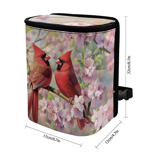 Talayituse Cardinal Cherry Blossom Print Car Trash Bin, Large Size Auto Trash Can Adjustable Portable Garbage Can with Lid, Vehicle Hanging Bag for Headrest Front Back Seat